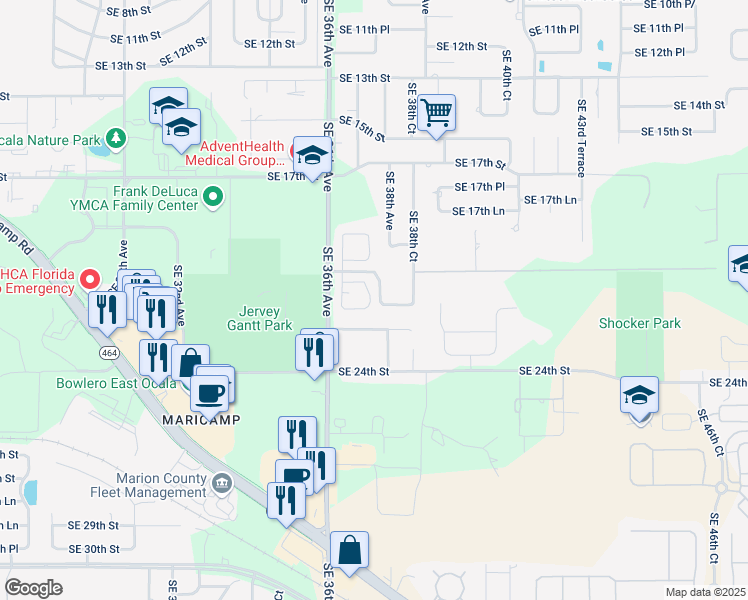 map of restaurants, bars, coffee shops, grocery stores, and more near 2021 Southeast 38th Avenue in Ocala