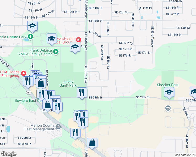 map of restaurants, bars, coffee shops, grocery stores, and more near 2021 Southeast 38th Avenue in Ocala
