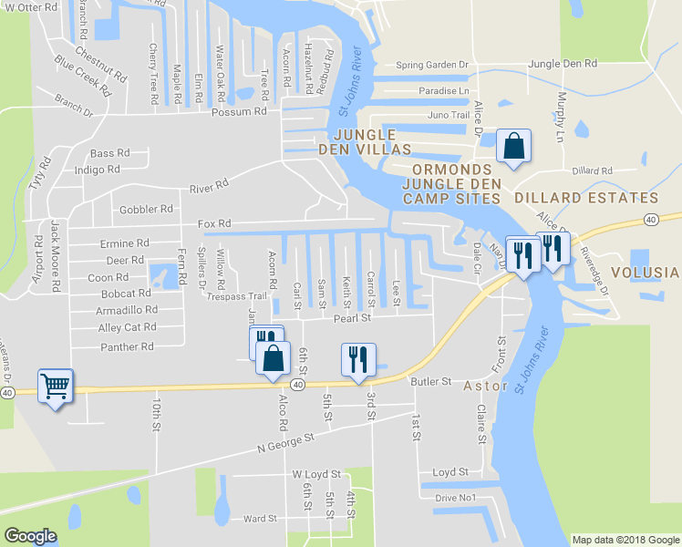 map of restaurants, bars, coffee shops, grocery stores, and more near 55725 Keith Street in Astor