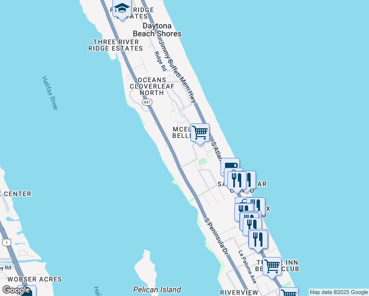 map of restaurants, bars, coffee shops, grocery stores, and more near 1 Oceans West Boulevard in Daytona Beach