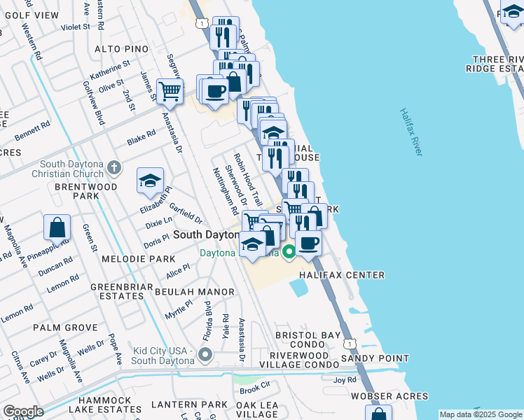 map of restaurants, bars, coffee shops, grocery stores, and more near 2279 Robin Hood Trail in South Daytona