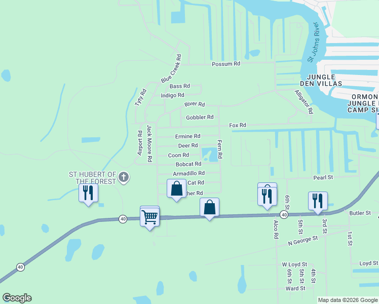 map of restaurants, bars, coffee shops, grocery stores, and more near 24048 Deer Road in Astor