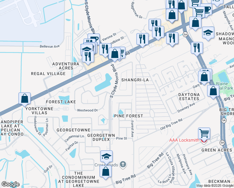 map of restaurants, bars, coffee shops, grocery stores, and more near 1338 South Shangri-La Drive in Daytona Beach