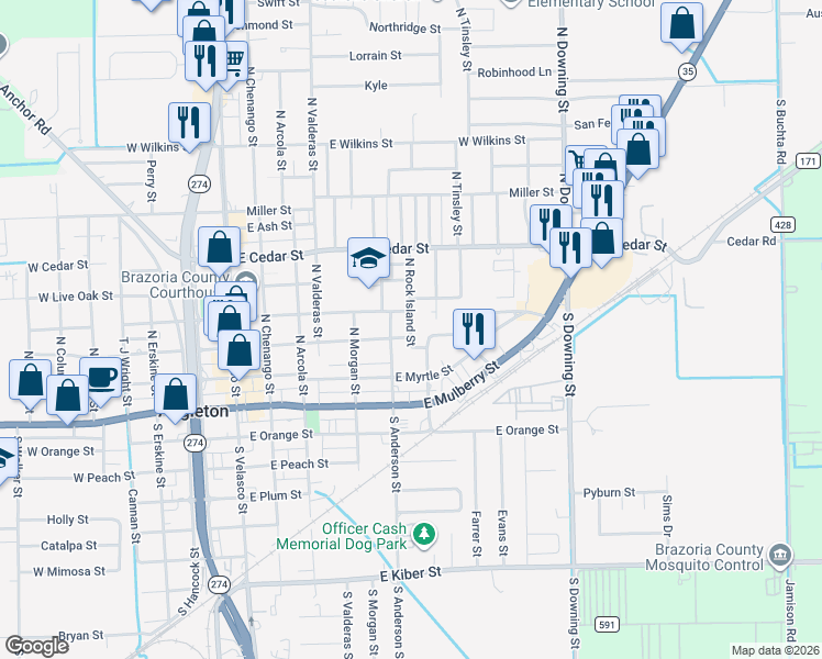 map of restaurants, bars, coffee shops, grocery stores, and more near 600 East Locust Street in Angleton