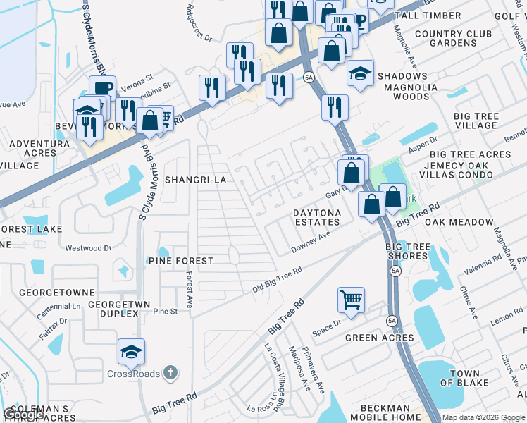 map of restaurants, bars, coffee shops, grocery stores, and more near 4 Hansom Court in Daytona Beach
