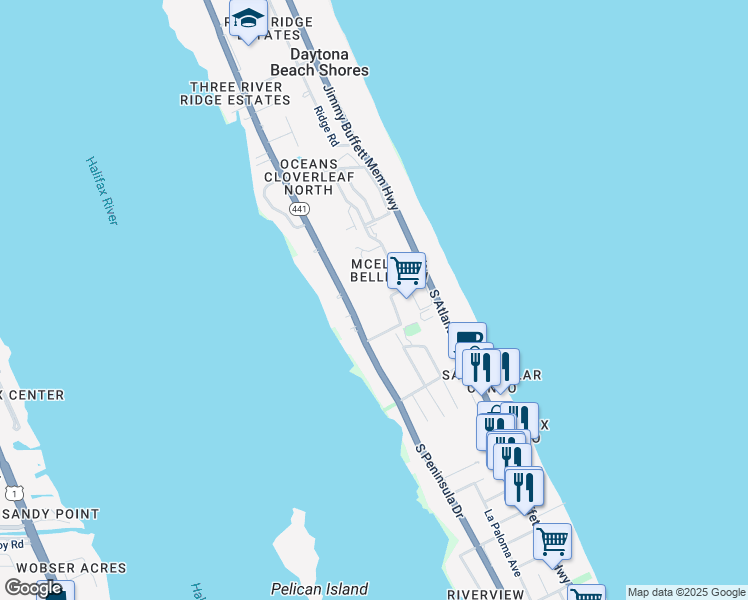 map of restaurants, bars, coffee shops, grocery stores, and more near 1 Oceans West Boulevard in Daytona Beach