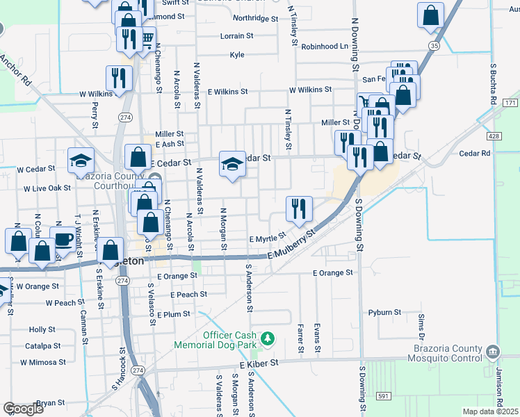 map of restaurants, bars, coffee shops, grocery stores, and more near 600 East Locust Street in Angleton