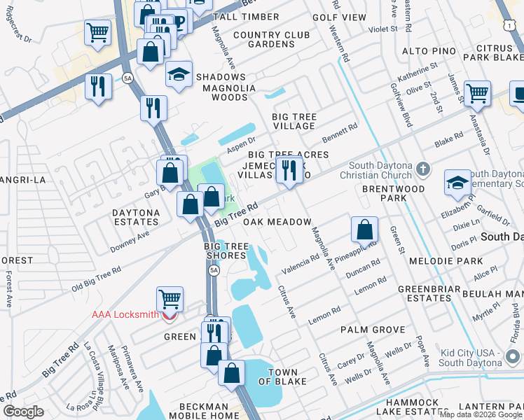 map of restaurants, bars, coffee shops, grocery stores, and more near 2136 Oak Meadow Circle in South Daytona