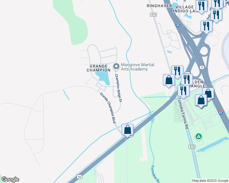 map of restaurants, bars, coffee shops, grocery stores, and more near 103 Misty Glen Lane in Daytona Beach