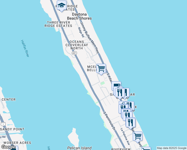 map of restaurants, bars, coffee shops, grocery stores, and more near 1 Oceans West Boulevard in Daytona Beach