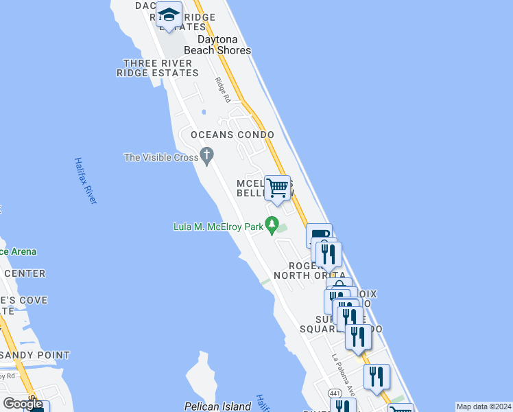 map of restaurants, bars, coffee shops, grocery stores, and more near 1 Oceans West Boulevard in Daytona Beach