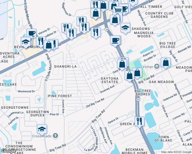 map of restaurants, bars, coffee shops, grocery stores, and more near 16 Rock Cove Court in Daytona Beach