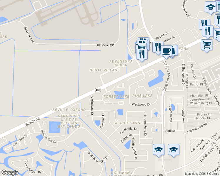 map of restaurants, bars, coffee shops, grocery stores, and more near 10 Forest Lake Boulevard in Daytona Beach