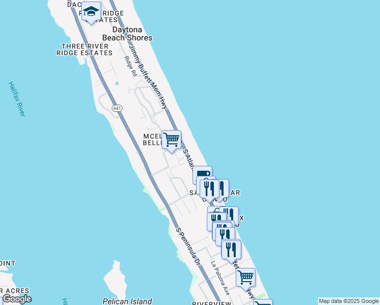 map of restaurants, bars, coffee shops, grocery stores, and more near 3043 South Atlantic Avenue in Daytona Beach