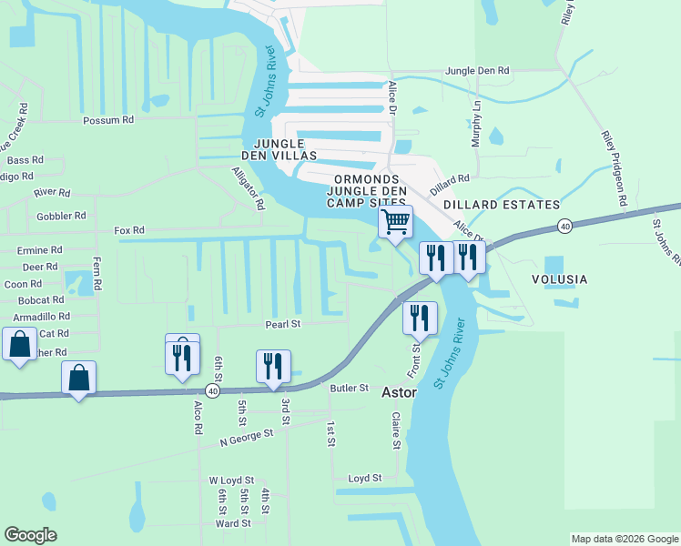 map of restaurants, bars, coffee shops, grocery stores, and more near 55730 Holiday Circle in Astor