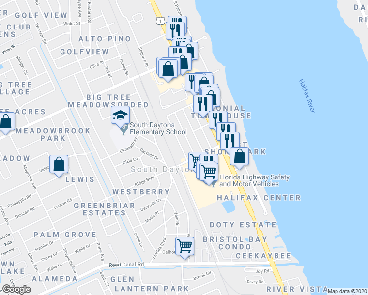 map of restaurants, bars, coffee shops, grocery stores, and more near 2265 Nottingham Road in South Daytona