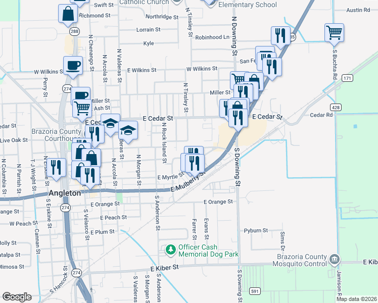 map of restaurants, bars, coffee shops, grocery stores, and more near 920 East Magnolia Street in Angleton