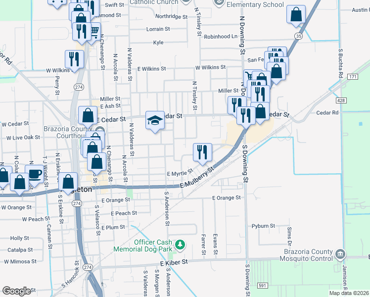 map of restaurants, bars, coffee shops, grocery stores, and more near 401 Hurst in Angleton