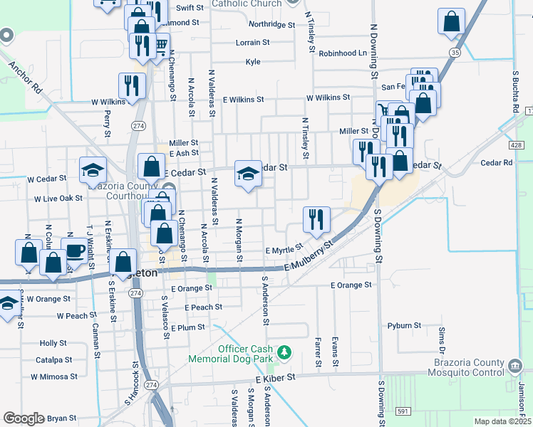map of restaurants, bars, coffee shops, grocery stores, and more near 600 E Locust St in Angleton