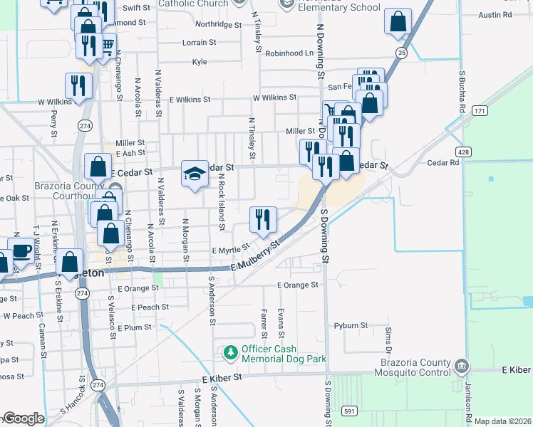 map of restaurants, bars, coffee shops, grocery stores, and more near 920 East Magnolia Street in Angleton