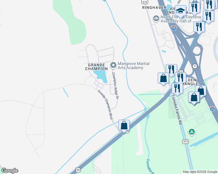 map of restaurants, bars, coffee shops, grocery stores, and more near 163 Aston Grande Drive in Daytona Beach