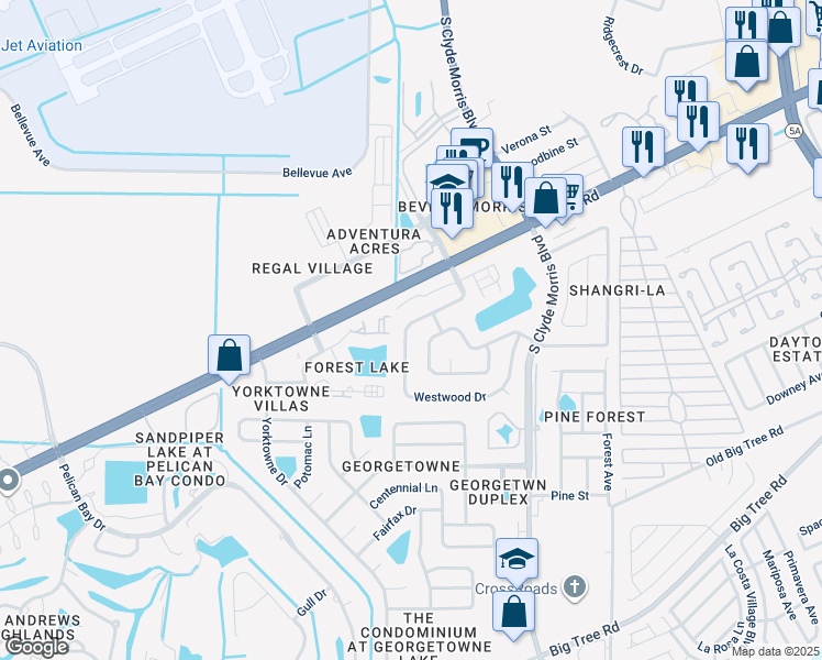 map of restaurants, bars, coffee shops, grocery stores, and more near 121 Westwood Drive in Daytona Beach