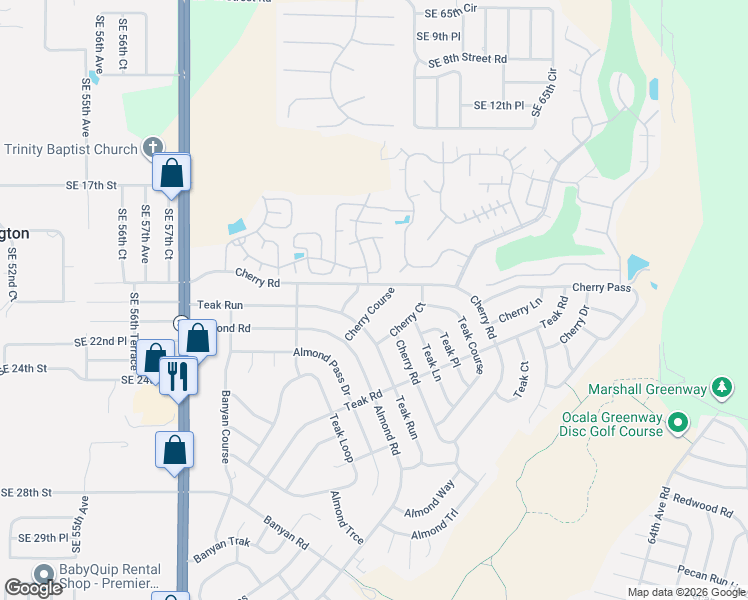 map of restaurants, bars, coffee shops, grocery stores, and more near 6 Cherry Course in Ocala
