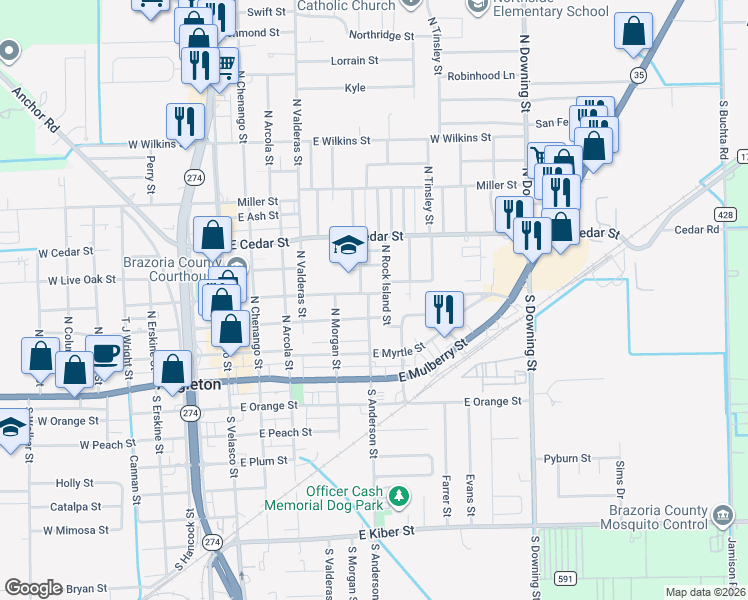 map of restaurants, bars, coffee shops, grocery stores, and more near 600 East Locust Street in Angleton