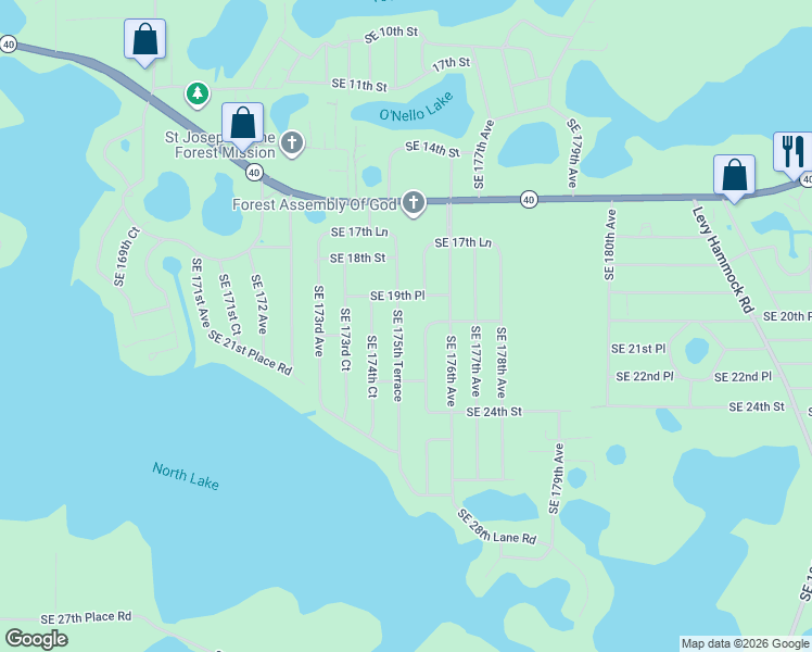 map of restaurants, bars, coffee shops, grocery stores, and more near 2076 Southeast 175th Terrace Road in Silver Springs