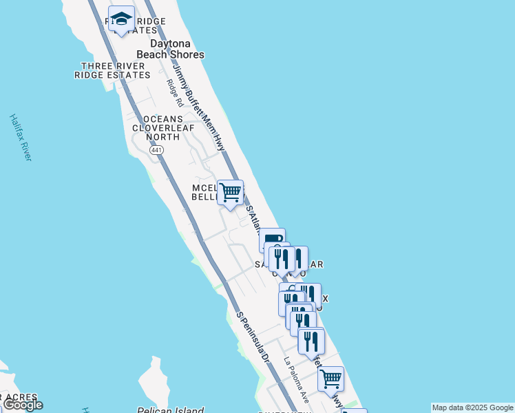 map of restaurants, bars, coffee shops, grocery stores, and more near 3043 South Atlantic Avenue in Daytona Beach Shores