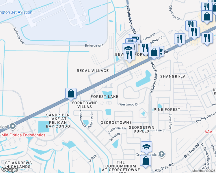 map of restaurants, bars, coffee shops, grocery stores, and more near 132 Forest Lake Boulevard in Daytona Beach