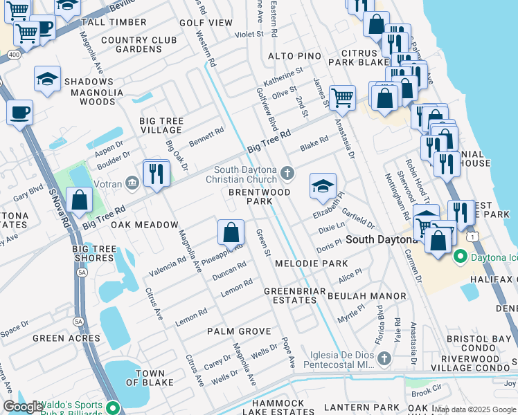 map of restaurants, bars, coffee shops, grocery stores, and more near 2054 Brian Ave in South Daytona