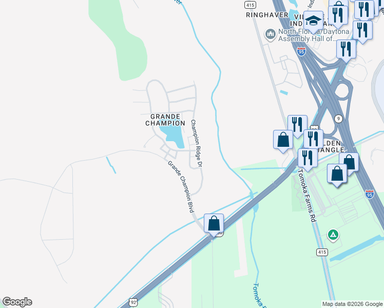 map of restaurants, bars, coffee shops, grocery stores, and more near 102 Misty Glen Lane in Daytona Beach