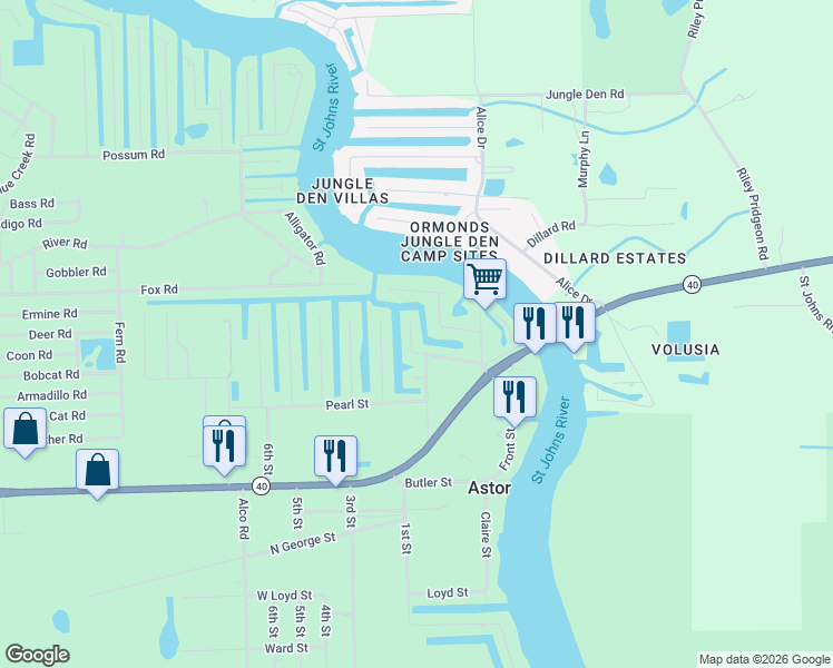 map of restaurants, bars, coffee shops, grocery stores, and more near 55730 Holiday Circle in Astor