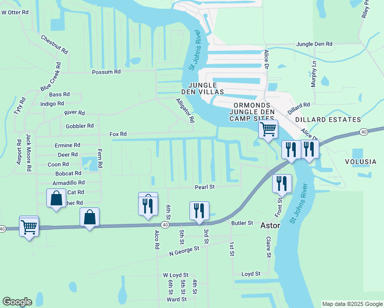 map of restaurants, bars, coffee shops, grocery stores, and more near 55745 Keith Street in Astor