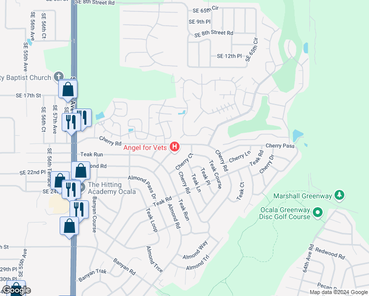 map of restaurants, bars, coffee shops, grocery stores, and more near 6520 Cherry Road in Ocala