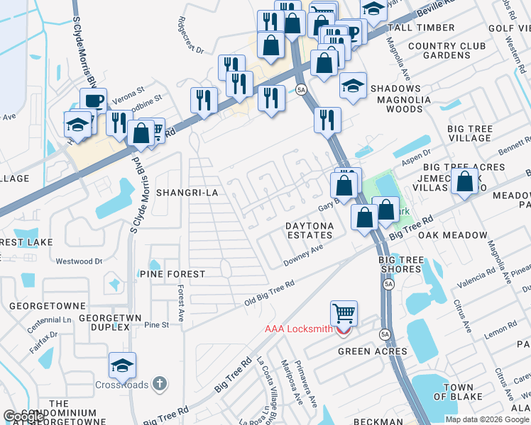 map of restaurants, bars, coffee shops, grocery stores, and more near 16 Rock Cove Court in Daytona Beach