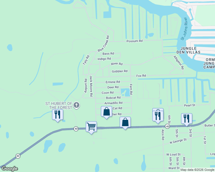 map of restaurants, bars, coffee shops, grocery stores, and more near 24000 Deer Road in Astor