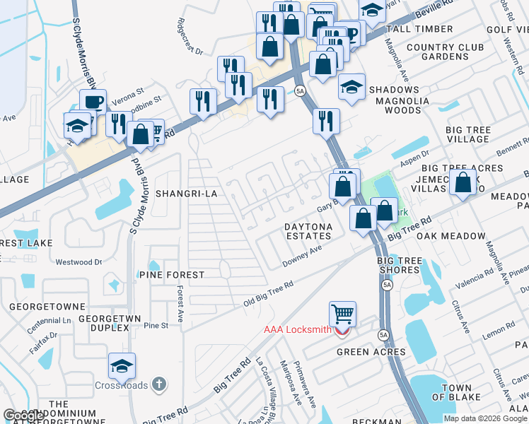 map of restaurants, bars, coffee shops, grocery stores, and more near 16 Rock Cove Court in Daytona Beach