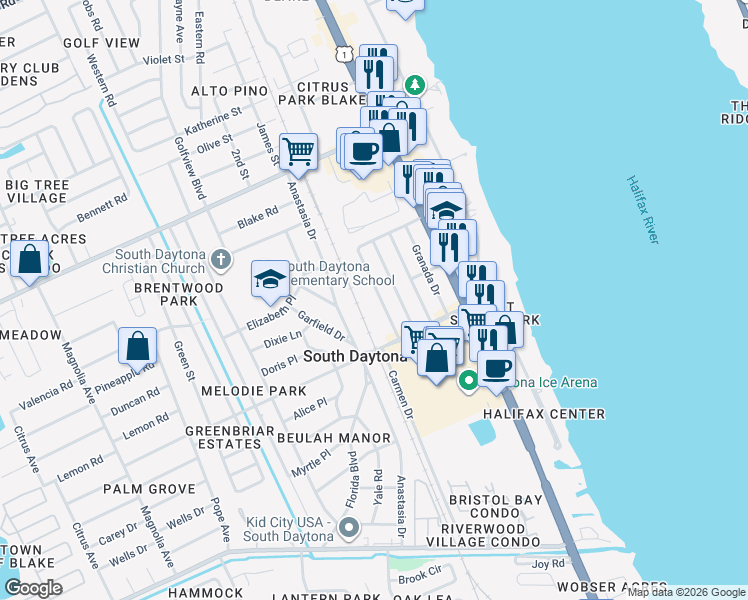 map of restaurants, bars, coffee shops, grocery stores, and more near 2265 Nottingham Road in South Daytona