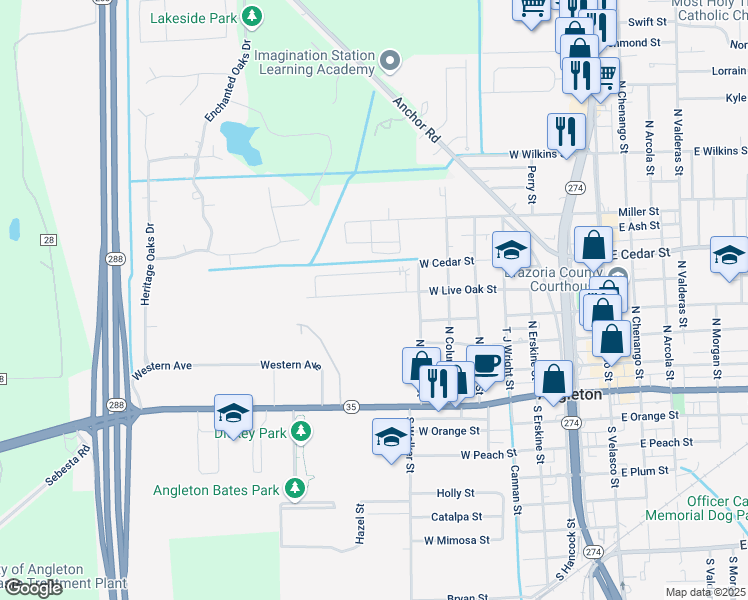map of restaurants, bars, coffee shops, grocery stores, and more near 729 West Live Oak Street in Angleton