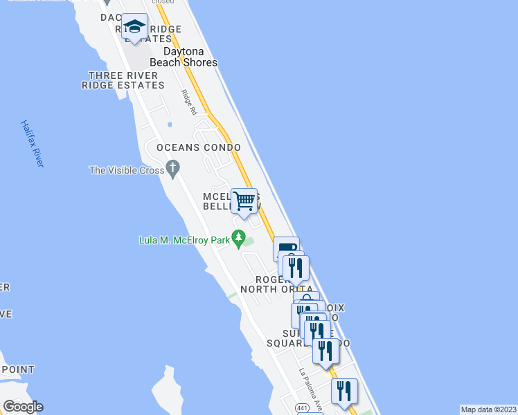 map of restaurants, bars, coffee shops, grocery stores, and more near 3043 South Atlantic Avenue in Daytona Beach Shores