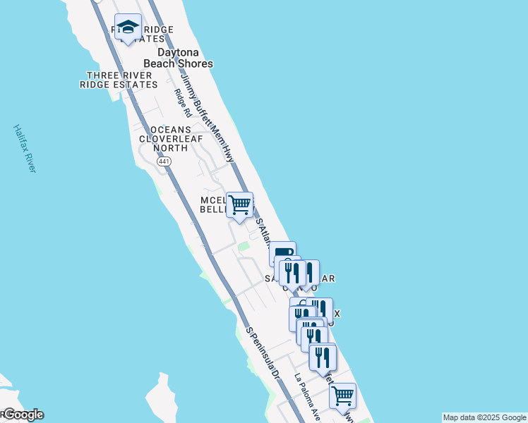 map of restaurants, bars, coffee shops, grocery stores, and more near 3043 South Atlantic Avenue in Daytona Beach Shores