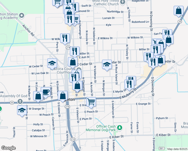 map of restaurants, bars, coffee shops, grocery stores, and more near 317 East Locust Street in Angleton