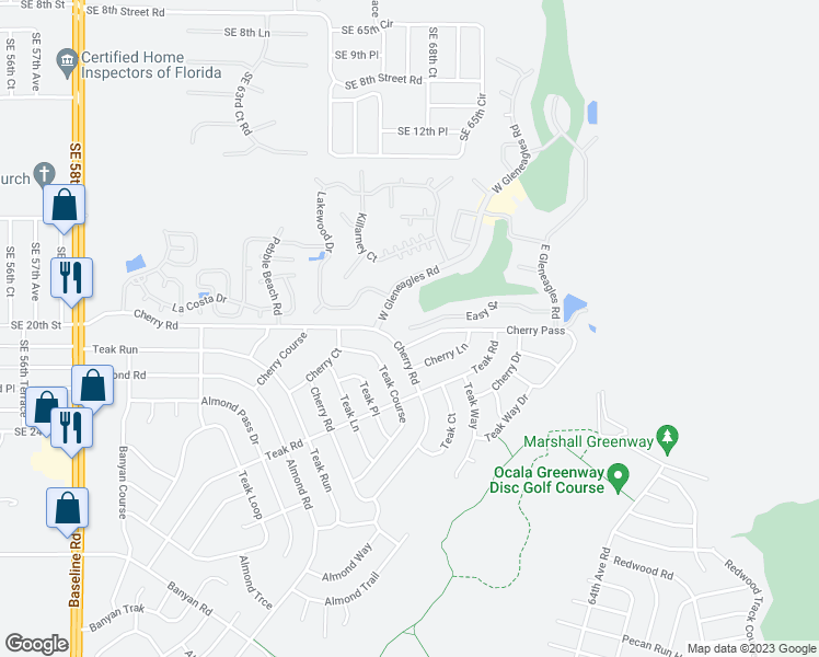 map of restaurants, bars, coffee shops, grocery stores, and more near 7199 Easy Street in Ocala