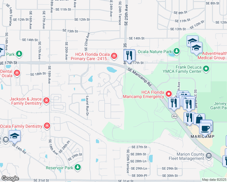 map of restaurants, bars, coffee shops, grocery stores, and more near 2412 Southeast 18th Circle in Ocala