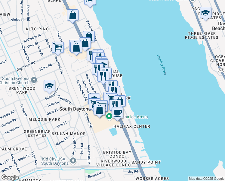 map of restaurants, bars, coffee shops, grocery stores, and more near 2290 South Palmetto Avenue in South Daytona