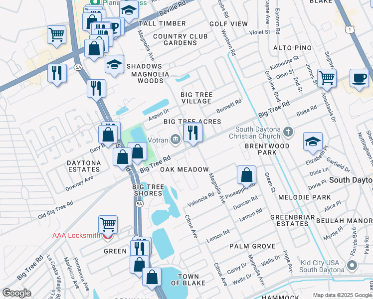 map of restaurants, bars, coffee shops, grocery stores, and more near 2136 Oak Meadow Circle in South Daytona