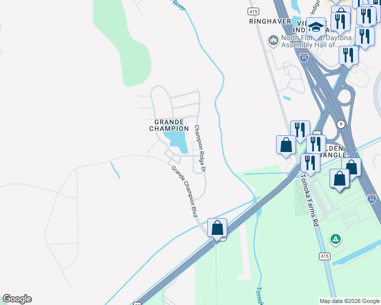 map of restaurants, bars, coffee shops, grocery stores, and more near 102 Misty Glen Lane in Daytona Beach