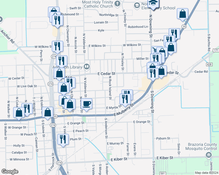 map of restaurants, bars, coffee shops, grocery stores, and more near in Angleton